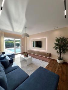a living room with a blue couch and a tv at Sunset Aura Riverside Villa & Pool in Draç