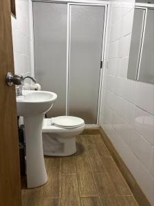 a bathroom with a shower and a toilet and a sink at ROSETTA Café & Camas in La Serena