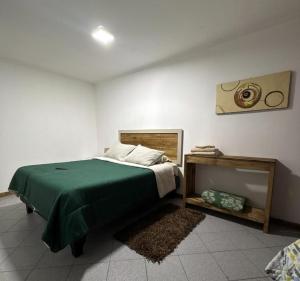 a bedroom with a bed with a green blanket at ROSETTA Café & Camas in La Serena