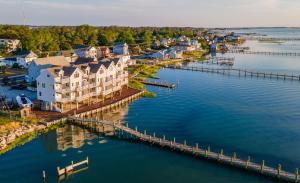 an aerial view of a town on the water at Paradise in Chincoteague +38 photos