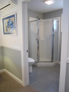 a bathroom with a shower stall and a toilet at Acadia Hotel - Downtown in Bar Harbor