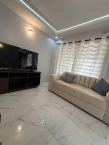 a living room with a couch and a flat screen tv at Central place in Lusaka