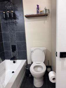 a bathroom with a white toilet and a bath tub at Private Studio, Near DT & Cal Expo, Free Parking in Sacramento