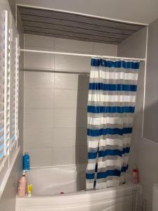 a bathroom with a tub with a blue and white shower curtain at House in Markham in Markham +39 photos
