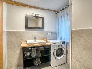 a bathroom with a sink and a washing machine at Chalet Bergglück in Sellrain