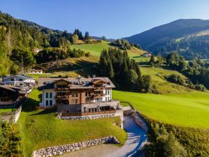 an aerial view of a house on a hill at Saalbach Hinterglemm in Viehhofen