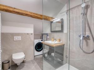 a bathroom with a shower and a toilet and a sink at Chalet Bergglück in Sellrain +34 photos