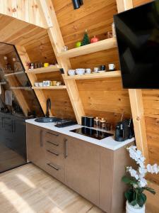 a kitchen with a sink and a stove in a cabin at Jugoslavija Chalet and Spa Zabljak in Tepačko Polje