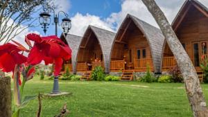 a house with a red flower in front of it at eM eR GLAMPING & VILLAS in Bedugul