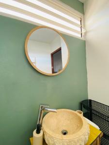 a bathroom with a sink with a mirror on the wall at Hibis Gold in Cayenne