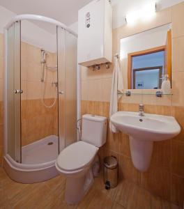 a bathroom with a toilet and a sink and a shower at Holiday Park Orava Bungalows in Dolný Kubín