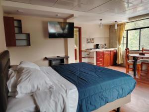 a bedroom with a bed with a tv on the wall at Casa y Flores in Baños