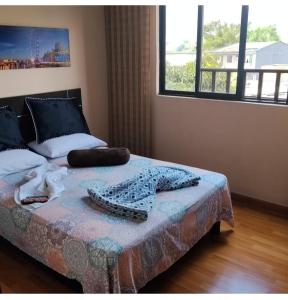 a bedroom with a bed and a large window at Hotel Platino Plaza in Dosquebradas