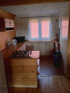 a kitchen with a stove and a counter top at Domek Olchowiec 2 Nad Soliną in Olchowiec +2 photos