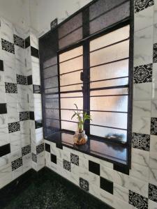 a bathroom with a window with a plant on a counter at Castel Rock in Nashik +34 photos