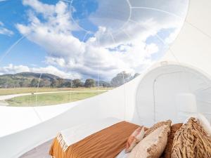 a bed in a white tent with a large window at Captain Moonlite Bubbletent at Mirumiru in Tenterfield