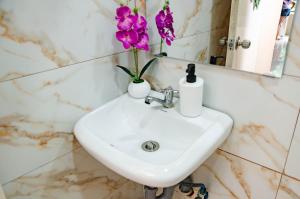 a bathroom sink with a vase of flowers on it at Casa Lumina in Tinuric