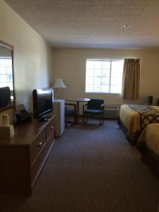ein Hotelzimmer mit einem Bett und einem Schreibtisch mit einem TV in der Unterkunft Brookshire Inn in Inez