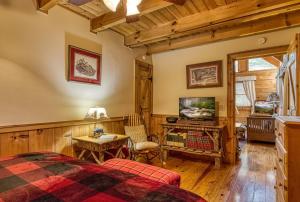 a bedroom with a bed and a tv in a room at Barefoot Dreams in Sevierville