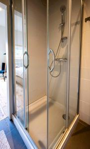 a shower with a glass door in a bathroom at Ryckevelde in Damme +44 photos