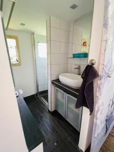 a bathroom with a sink and a mirror at Black Pearl in Pölitz +17 photos