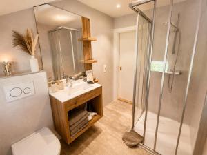 a bathroom with a shower and a toilet and a sink at Michelis Cottage - Achensee in Pertisau