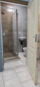 a bathroom with a shower with a toilet and a sink at Co operville in Potchefstroom