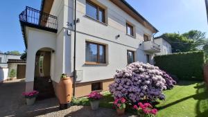 a house with purple flowers in front of it at Apartament Renii in Tomaszów Mazowiecki