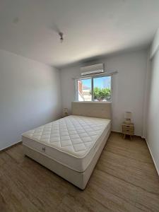 a large white bedroom with a bed and a window at WHTheGroundNest in Paralimni