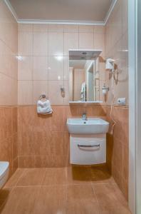 a bathroom with a sink and a mirror at Hotel and Restaurant Velure in Mukacheve
