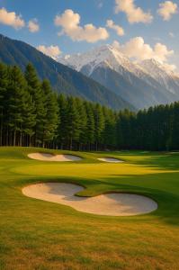 a golf course with two golf greens and a mountain at The AISHANA PAHALGAM in Pahalgām