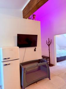 a room with a refrigerator and a tv on the wall at Parkside Apartments Rust in Rust