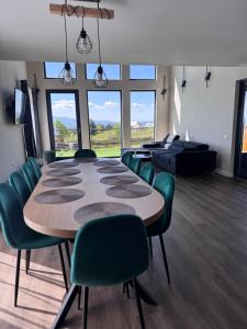 a conference room with a long table and green chairs at Hill House Marisel in Mărişel