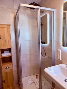 a shower with a glass door next to a sink at Parkside Apartments Rust in Rust +37 photos
