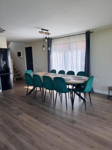 a conference room with a table and green chairs at Hill House Marisel in Mărişel