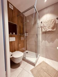 a bathroom with a toilet and a glass shower at Heure Cosy in La Chaux-de-Fonds +26 photos