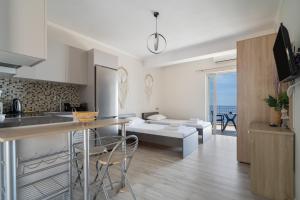 a kitchen and living room with a view of the ocean at Nirvana Homes in Vlachata