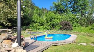 a swimming pool with a inflatable pool toy in a yard at Pension Leano in Nötsch