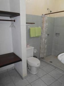 a bathroom with a toilet and a shower and a sink at Hotel Quinta San Juan in Ciudad Valles