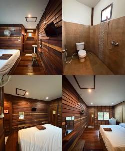 three pictures of a room with two beds and a bathroom at Paihappy village in Ban Thung Pong