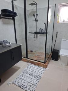 a bathroom with a shower and a toilet at Kot Ory Mountain View Studio in Moka
