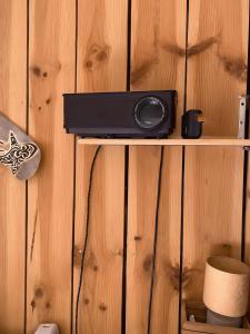 a speaker on a shelf on a wooden wall at Le COCON DU BASSIN in Arès
