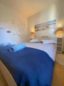 a bedroom with two beds with blue sheets at Le COCON DU BASSIN in Arès