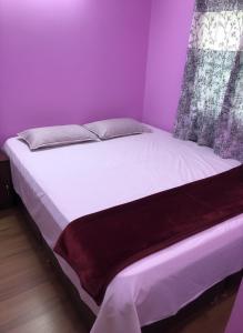 a bedroom with a large bed with purple walls at Hotel Pawar Palace Mahurgad in Māhūr