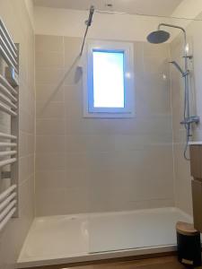 a bathroom with a shower and a window at Le COCON DU BASSIN in Arès +22 photos