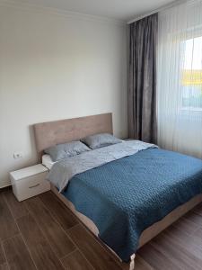 a bedroom with a bed with a blue comforter and a window at Lucas&Timeea in Caransebeş