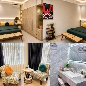 two pictures of a bedroom with a bed and a bathroom at Bi Room in Hai Phong