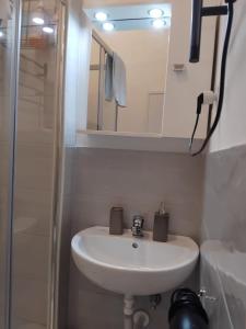 a bathroom with a sink and a mirror and a shower at Petriccioli seaview in Lerici +1 photo