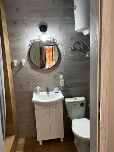 a bathroom with a sink and a toilet and a mirror at W sosnowym lesie 2 in Lubniewice