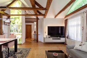 a living room with a tv and a couch at DACHJUWEL Luxus - Apartment Penthouse Ferienwohnung in Leibnitz